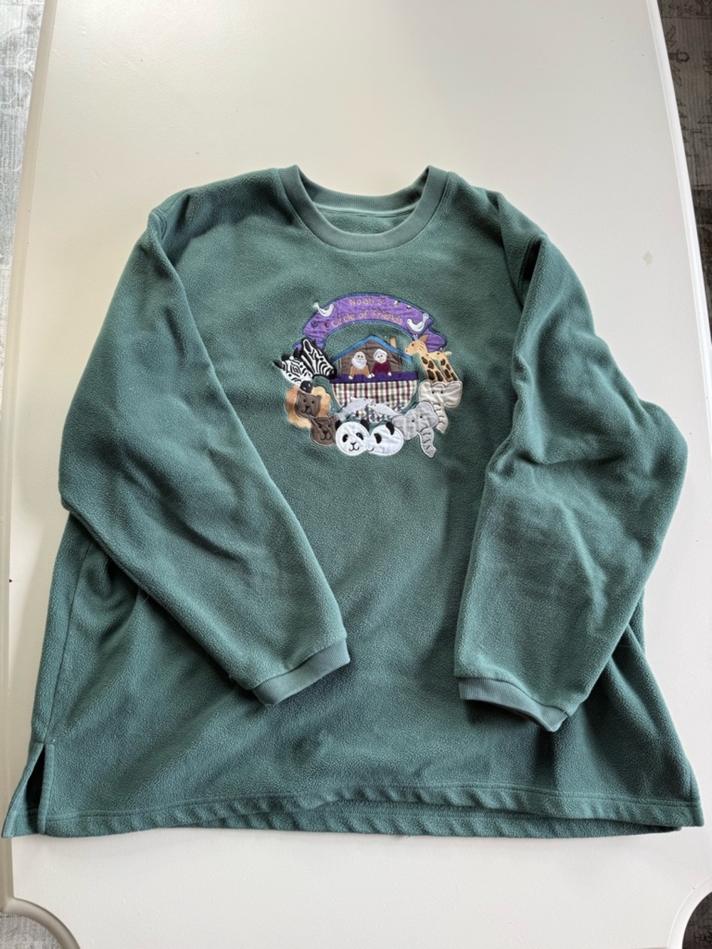 Noah’s Ark Green Fleece Pullover with Animal Embroidery